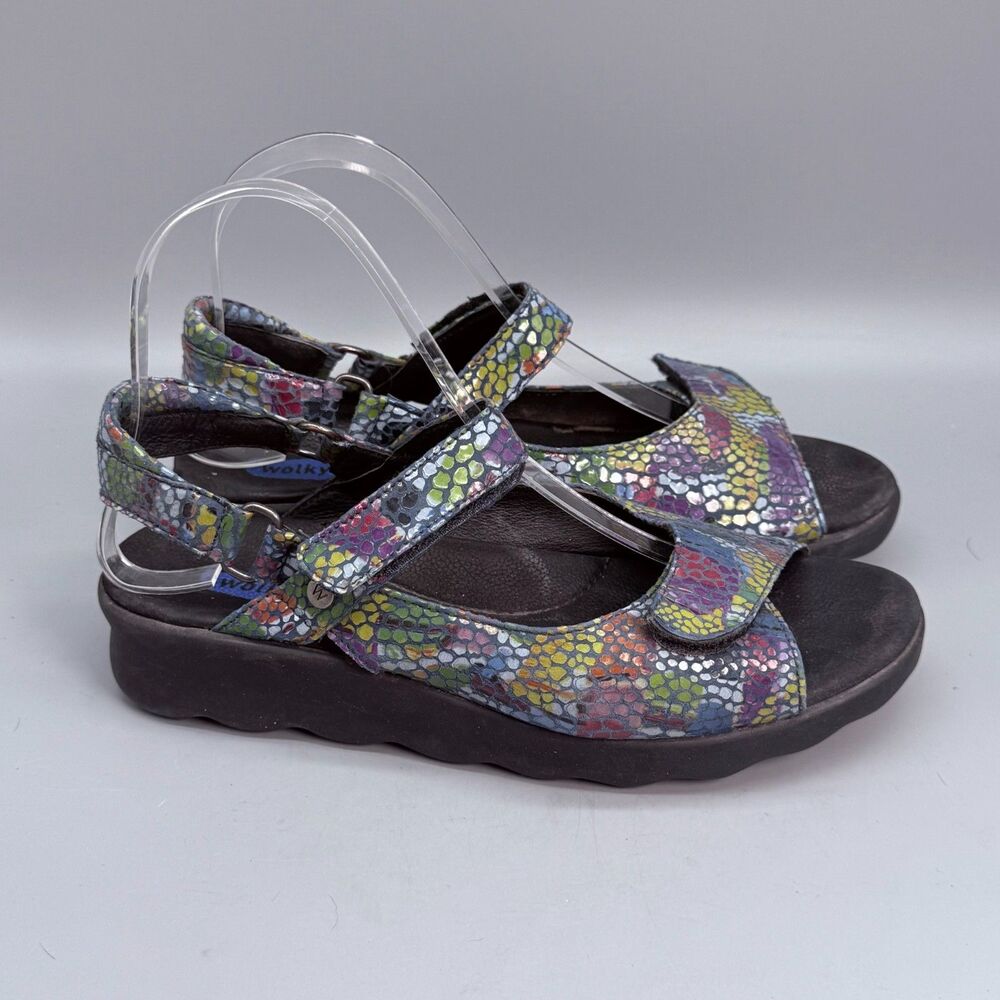 Wolky Jewel Women's 7 Rainbow Snakeskin Hook & Loop Straps Open Toe Sandals Shoe